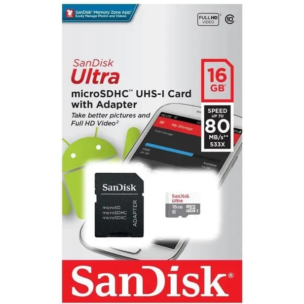 Anúncio: Sandisk Memoria Micro SD Ultra 16GB C10 80MB/S 2X1 SDSQUNS016GGN3MA