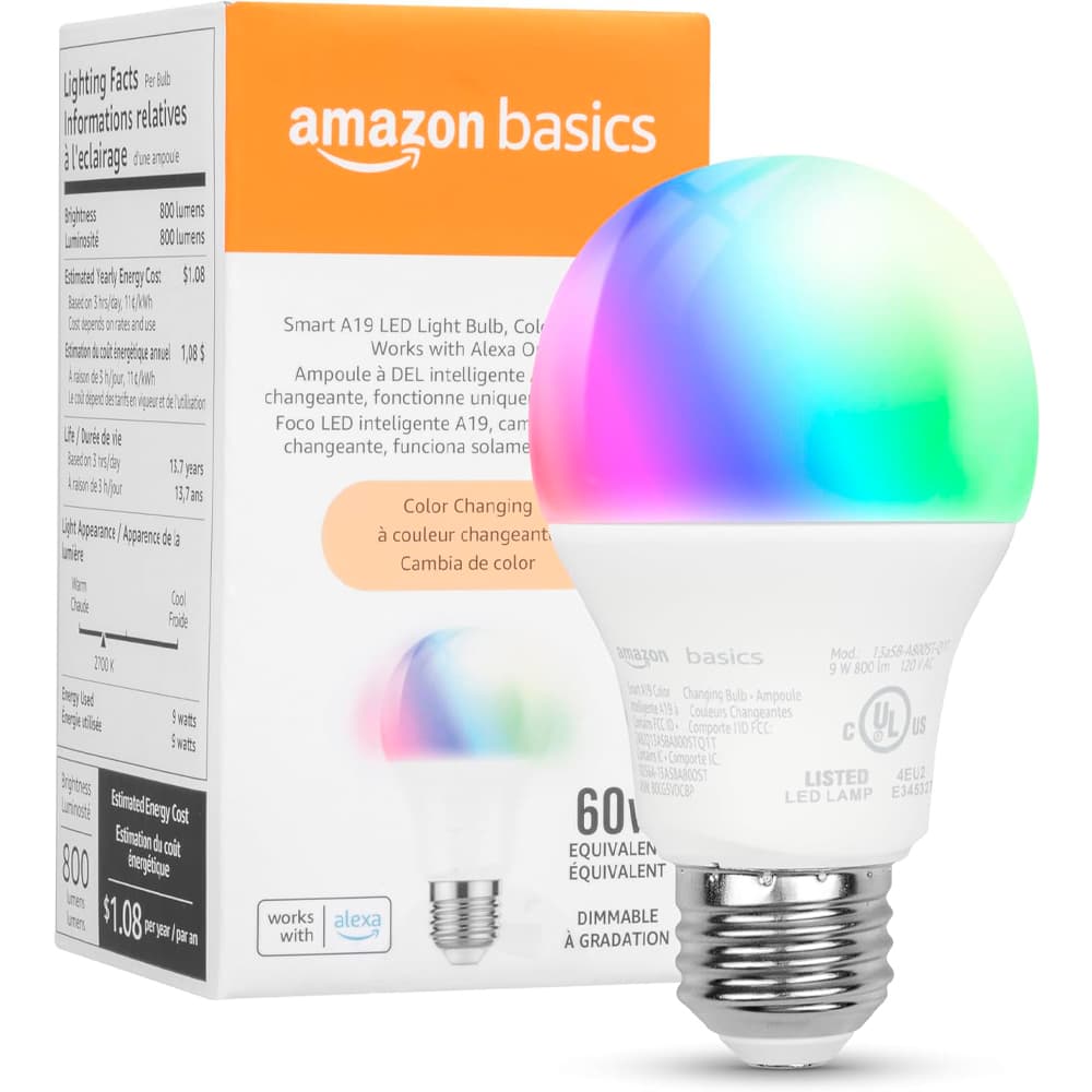 Anúncio: Lâmpada Amazon Basics Smart A19 LED Light Bulb Muda Cor 9W Equivalente 60W- 120V