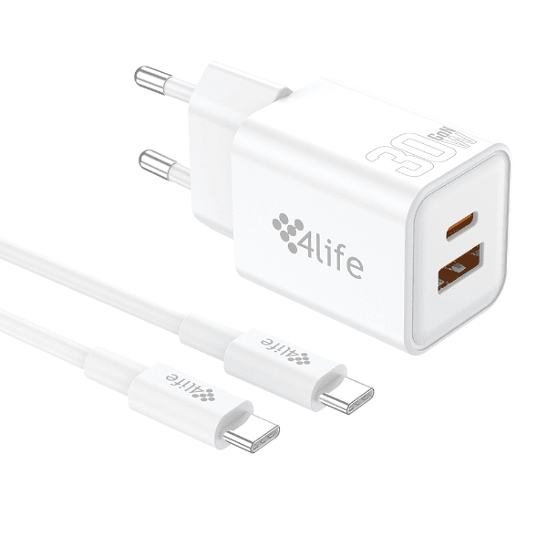 Anúncio: Carregador de Parede 4life 30W GaNMaster Series FL8530ACGW Com Cabo USB-C - USB-C / 1X USB-C / 1X USB-A / 100-240V ~ 50/60Hz - Branco