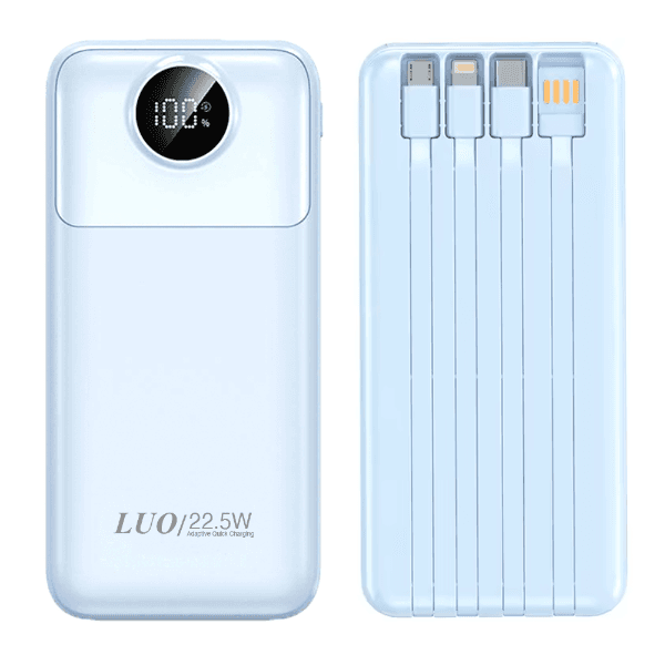Anúncio: Carregador Portátil PowerBank Luo LU-6085 / 12000mAh / 22.5W / USB X2/ USB-C / Com cabo Embutido Lightning - USB - USB-C - Micro USB - Azul Claro