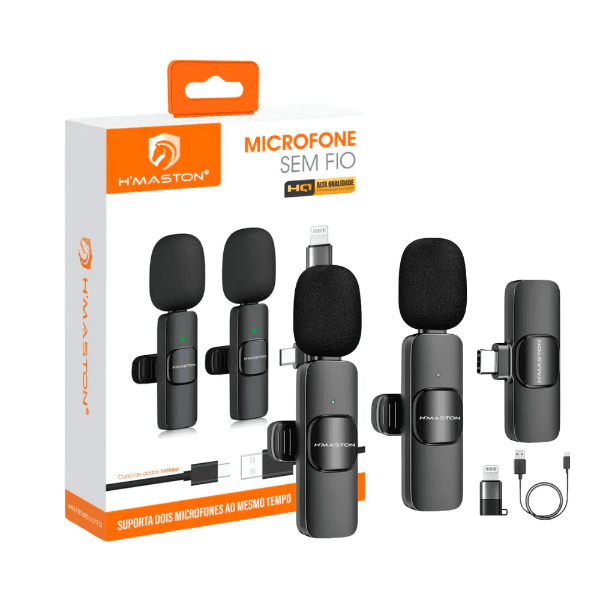 Anúncio: Microfone Sem Fio H`Maston MK17 para Smartphone / 2 Microfones / USB-C / Com Adaptador para Lightning - Preto