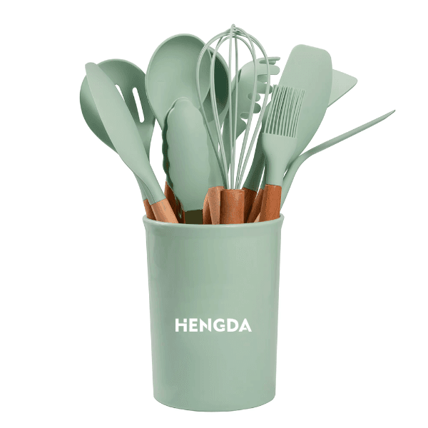 Anúncio: Kit De Utensílios Para Cozinha Hengda YQ10412 De Silicone Com Cabo De Madeira / Com 12 peças - Verde Claro