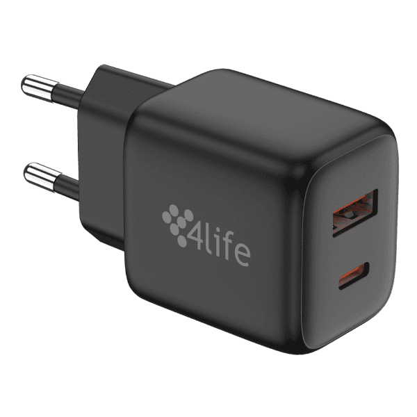 Anúncio: Carregador de Parede 4life 30W GaNMaster Series FL107AC30GB / 1X USB-C / 1X USB-A / 100-240V ~ 50/60Hz - Preto