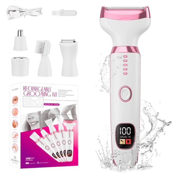 Anúncio: Kit Depilador Facial Corporal Grooming RF-3028A / 5 Em 1 / 3W / 5V-1A / Com Acessórios / Recarregavel - Branco/Rosa