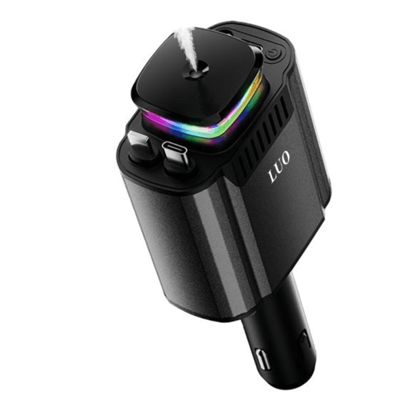 Anúncio: Carregador Para Carro Luo LU-8234 Pro /  5 em 1 / Com Aromatizador de Ar / USB-C + Cabo USB-C - Lightning Embutido / Inclui 3 Essências - Cinza/Preto