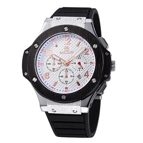 Anúncio: Relógio Analógico Megir Racing MN3002GBK-7N0 Masculino, Silicone - Preto, Prata e Branco