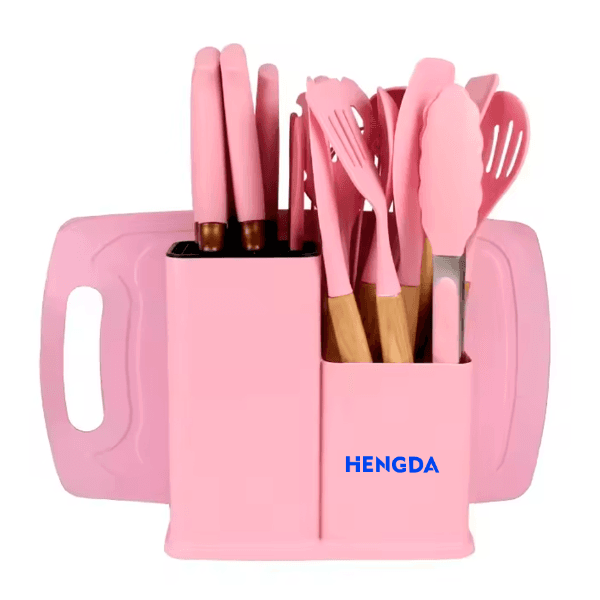 Anúncio: Kit De Utensílios Para Cozinha Hengda YQ10413 De Silicone Com Cabo De Madeira / Com 18 peças - Rosa