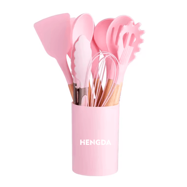 Anúncio: Kit De Utensílios Para Cozinha Hengda YQ10412 De Silicone Com Cabo De Madeira / Com 12 peças - Rosa