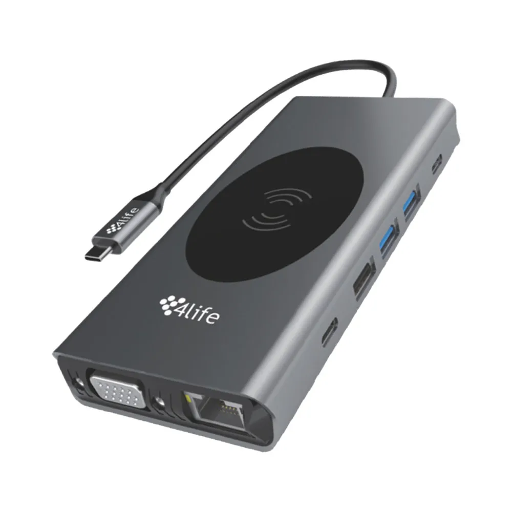 Hub USB-C 13 Em 1 Carregamento Sem Fio 15W 4LIFE FL13V Cinza Espacial