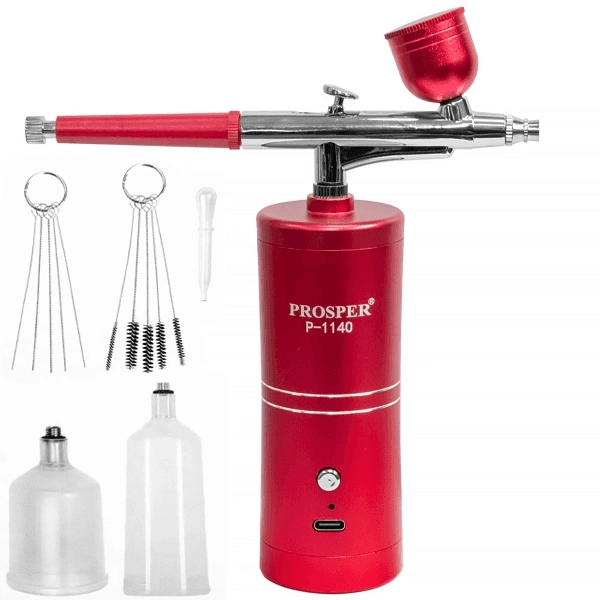 Aerógrafo Prosper P-1140 com Compressor de Ar Recarregável Vermelho
