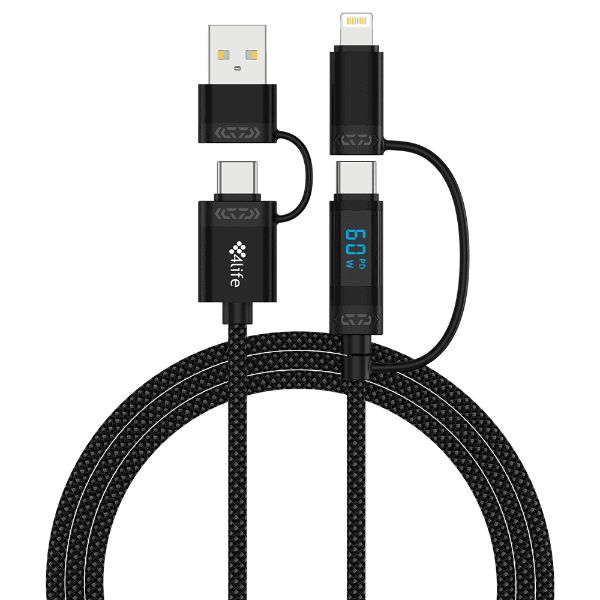 Cabo 4 Em 1 4Life Power Flex Series 1X USB-A 1X Lightning 2X USB-C com Display LED 1 Metro 60W Preto (Nylon)