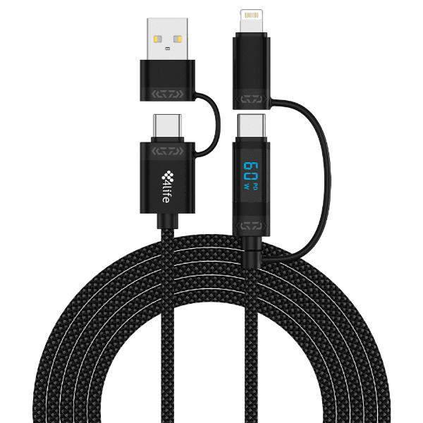 Cabo 4Life Flkaccl2 Power Flex Series 4 Em 1 / 1X USB-A / 1X Lightning / 2X USB-C / Com Display LED / 2 Metros / 60W - Preto (Nylon)