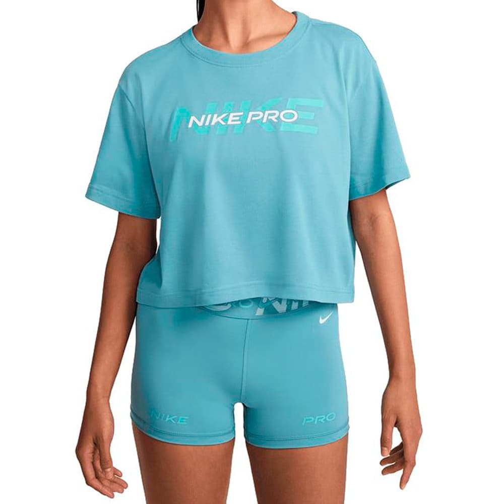 Camiseta Nike Feminino Pro Sleeve Cropped Denim Turquesa