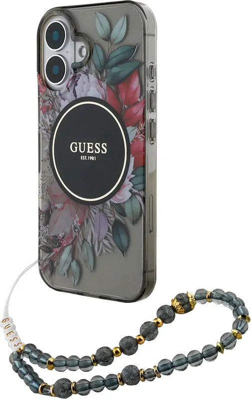 Capa com Cordão Guess para iPhone 16 GUHMP16SHFWBRCESK - Flores Preto