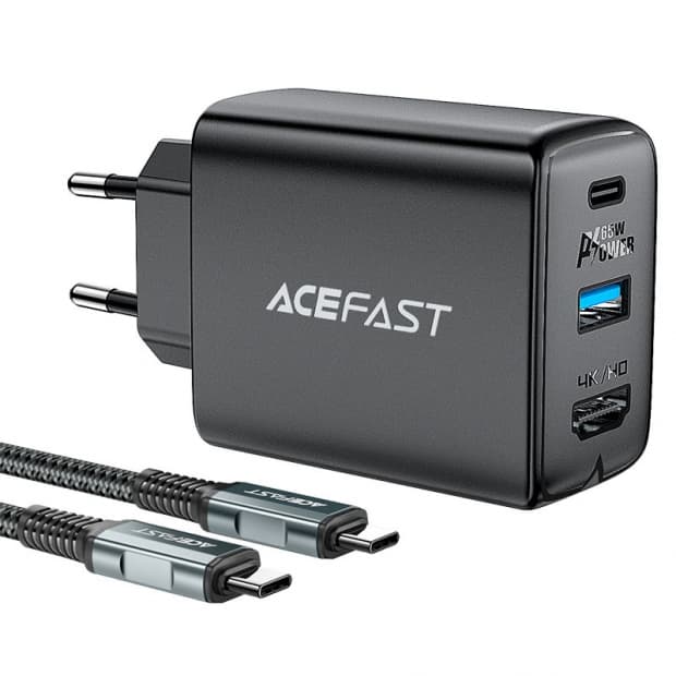 Carregador Acefast A17 65W USB-A + USB-C + HDMI 3Em1 Preto + Cabo