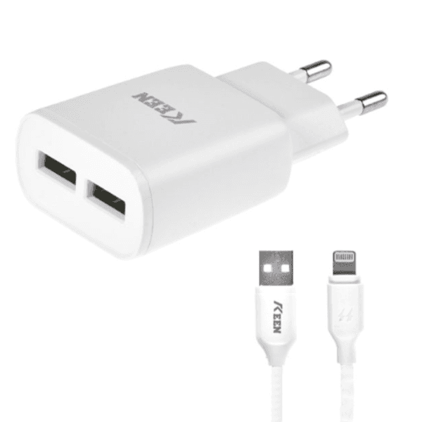 Carregador de Parede Keen Kc-01 Auto-Id + Cabo Lightning / 2X USB-A / 5V/2.4A - Branco