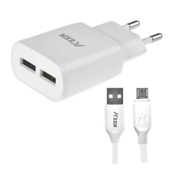 Carregador Keen Kc-01 Auto-Id + Cabo Micro-USB / 2X USB-A / 5V/2.4A - Branco