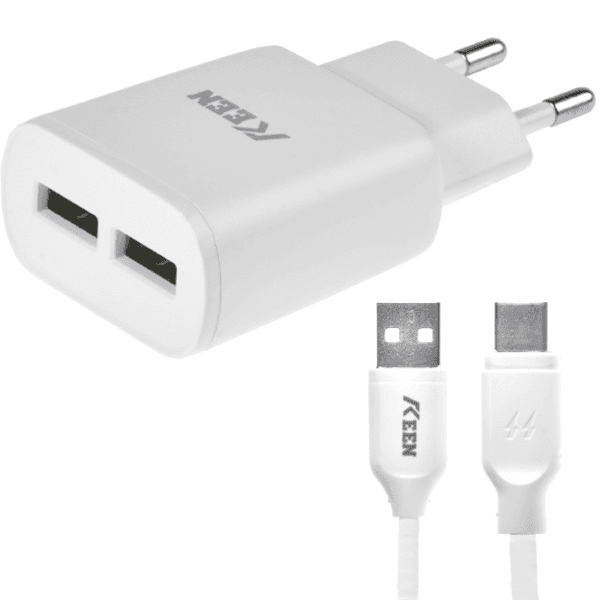 Carregador Keen Kc-01 Auto-Id + Cabo USB-C / 2X USB-A / 5V/2.4A - Branco