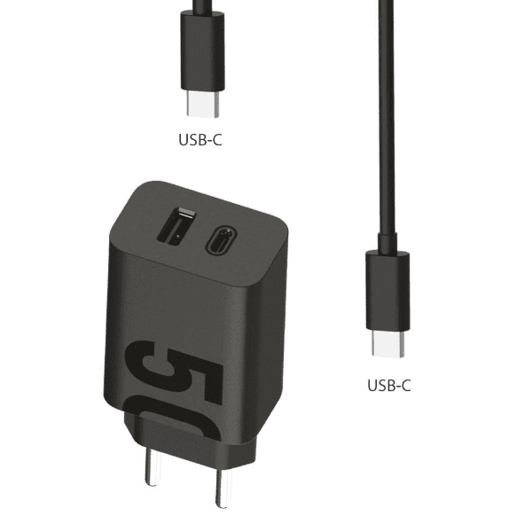 Carregador / Adaptador de Parede Motorola 50W USB-A / USB-C + Cabo USB-C - USB-C - Preto