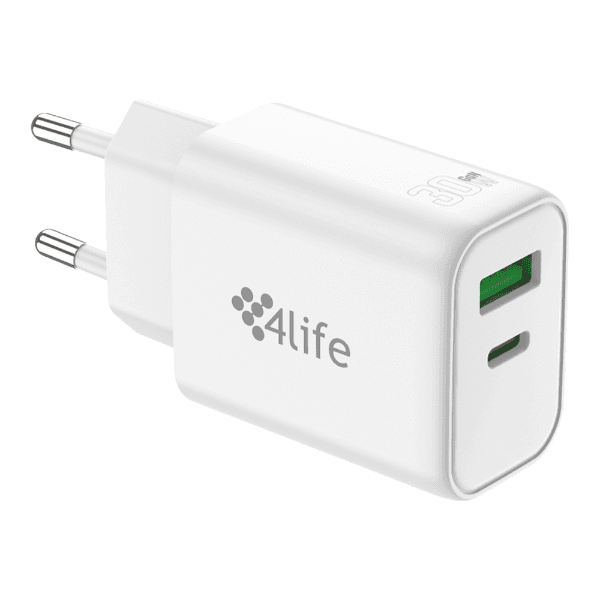 Carregador de Parede 4Life 30W GaNMaster Series FL103AC30GW 1X USB-C 1X USB-A Branco