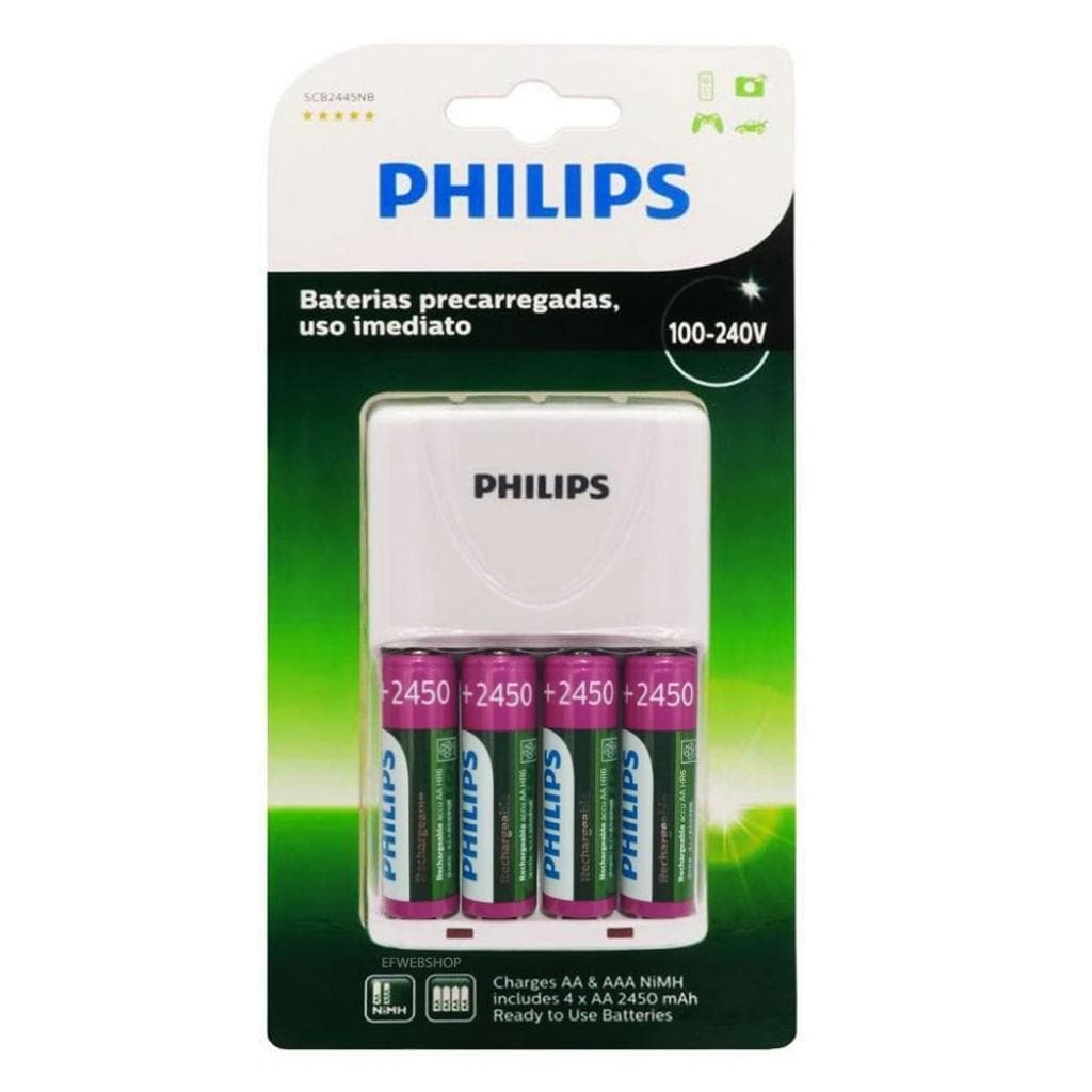 Carregador de Pilhas Philips SCB2445NB/97 com 4 Pilhas