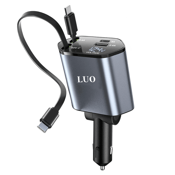 Carregador Veicular Luo 4 Em 1 USB-C / USB-A com Cabo USB-C - Lightning Embutido Cinza