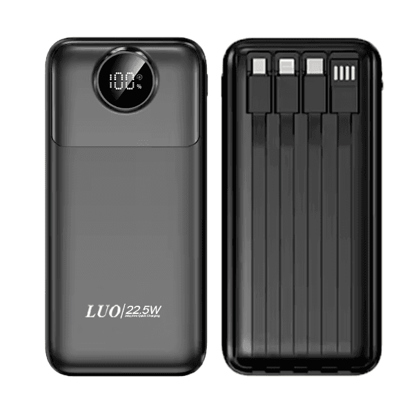Carregador Portátil PowerBank Luo Lu-6085 12000mAh 22.5W USB X2 USB-C com Cabo Embutido Lightning USB USB-C Micro USB Preto