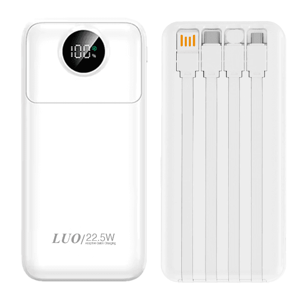 Carregador Portátil Power Bank Luo Lu-6085 12000mAh 22.5W USB X2 USB-C Com Cabo Embutido Lightning - USB - USB-C - Micro USB Branco