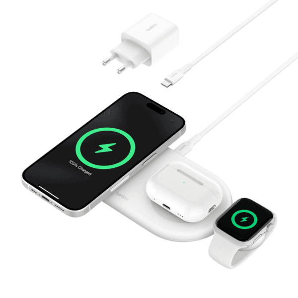 Carregador 3 Em 1 Belkin WIZ022VFWH 15W MagSafe Qi2 iPhone / Watch / Airpod - Branco