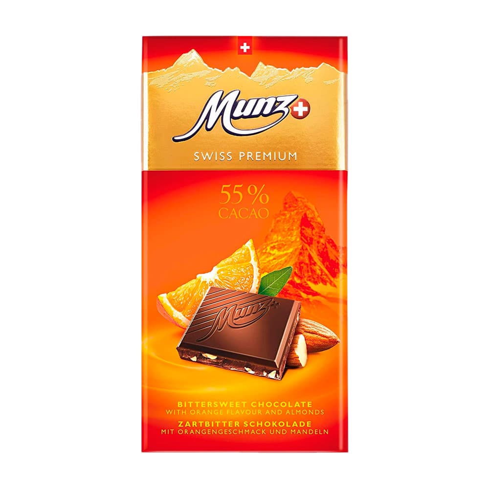 Chocolate Munz Swiss Premium 55% Cacau com Laranja e Amêndoa 100G