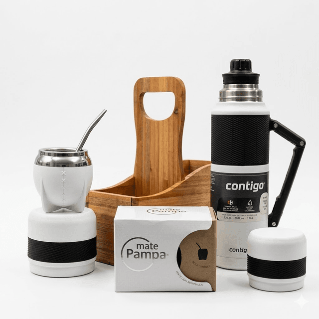 Garrafa Térmica Contigo Kit P/mate Termo 1.18L + Guampa + Bombilla Porta Madera Blanco