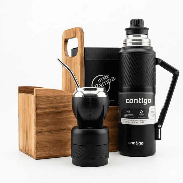 Kit para Mate Contigo Termo 1.18L + Guampa + Bomba Porta Madeira Preto