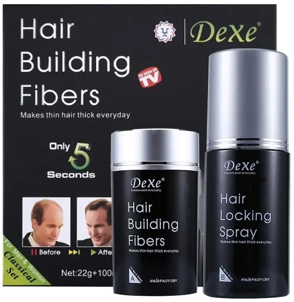 Fibras Capilares Dexe Hair Building + Spray Fixador Hair Locking (Marrom Escuro)