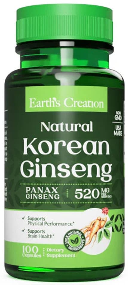 Suplemento Earths Creation Ginseng Coreano Natural 520MG 100 Cápsulas