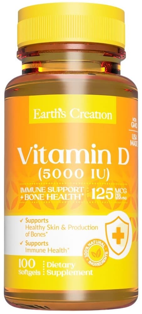 Suplemento Vitamina D Earths Creation Super Strength 5000 Iu 100 Softgels
