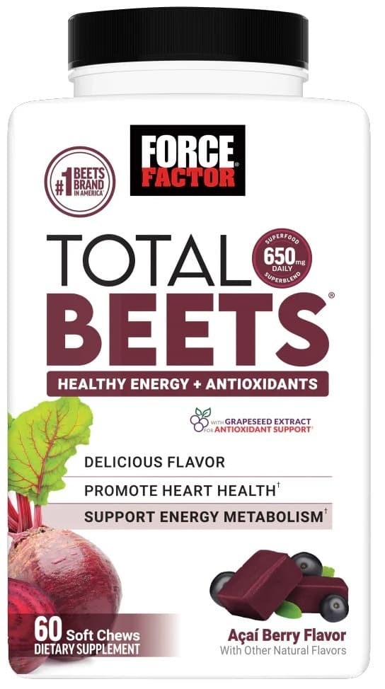 Suplemento Force Factor Total Beets Blood Energy+Antioxidants 650MG | Açai Berry (60 Soft Chews)