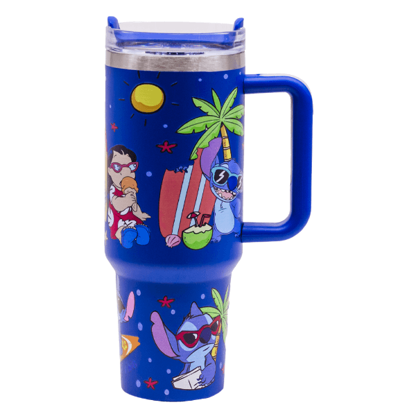 Garrafa Térmica Geral Stitch Com Tampa / Canudo e Alça / 1200ml - Estampas variadas/Azul Escuro