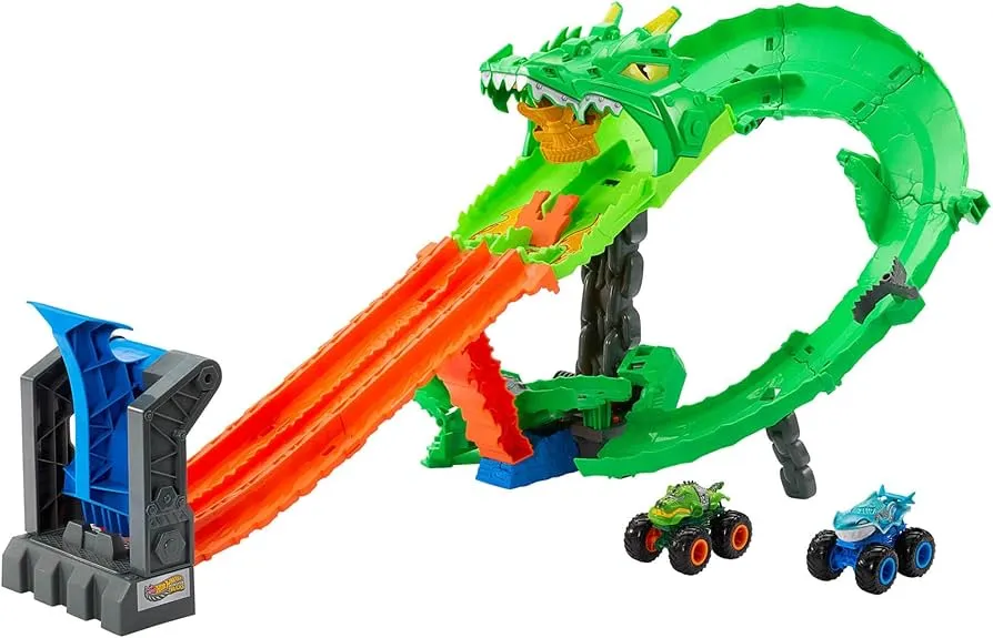 Carrinho de Brinquedo Hot Wheels Jfr06 Monster Trucks Tiburones Vs Dinosaurios Destruccion Del Dragon