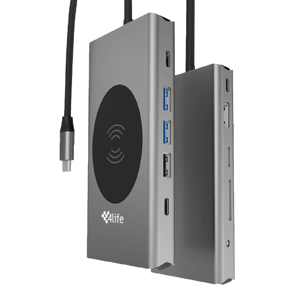 Hub Adaptador Multiporta 4Life FL13V USB-C 13 Em 1 com USB-C Pd 100W, HDMI, Sd, Tf, Áudio 3.5Mm, Vga, Rj45 100M, USB-C 2.0 Data, USB-C 3.0 Data, USB 3.0 X2, USB 2.0 e Carregamento Wireless 15W Cinza