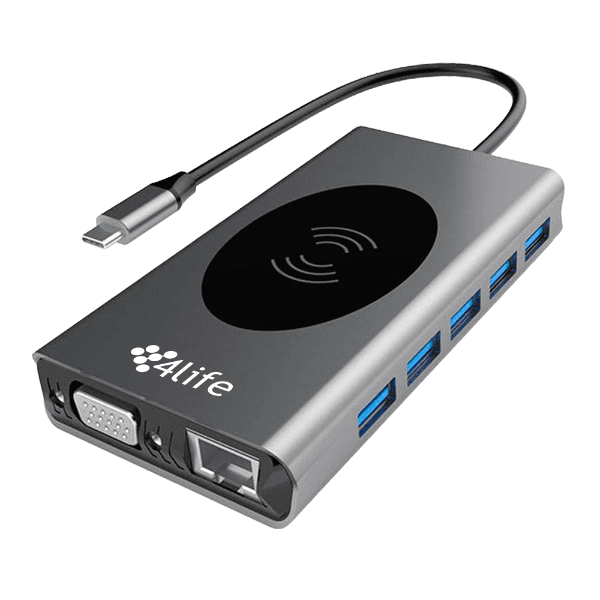 Hub Adaptador Multiporta 4Life FL13W USB-C 13 Em 1 USB-C HDMI Áudio 3.5Mm Tf Sd Vga Rj45 5X USB 3.0 Carregamento Wireless 15W Cinza