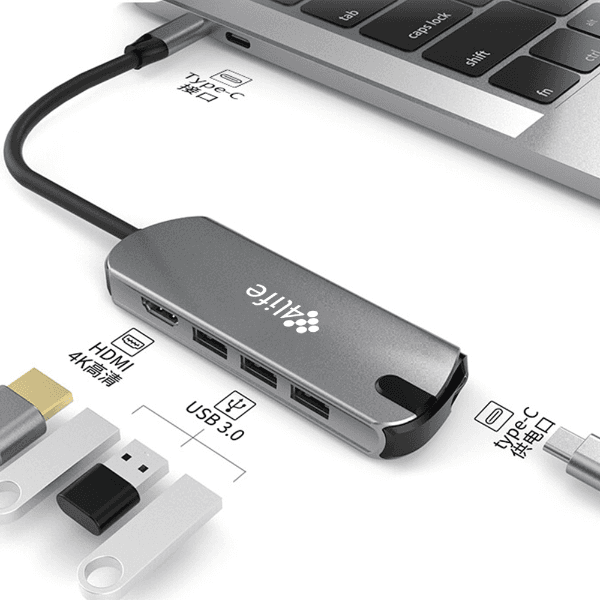 Hub Adaptador Multiporta 4Life Fl1905 5 Em 1 USB-C 1X USB-C 3X USB-A 3.0 HDMI Cinza