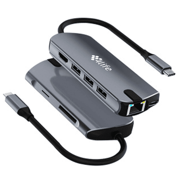 Hub Adaptador Multiporta 4Life Fl1908 8 Em 1 USB-C USB-C Pd 100W 3X USB-A 3.0 HDMI Sd Tf Rj45 Cinza