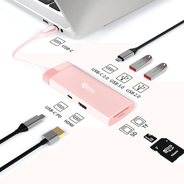 Hub Adaptador 4LIFE 7 Em 1 USB-C Pd 100W USB 3.0 USB 2.0 HDMI USB-C 2.0 Sd Tf Rosa