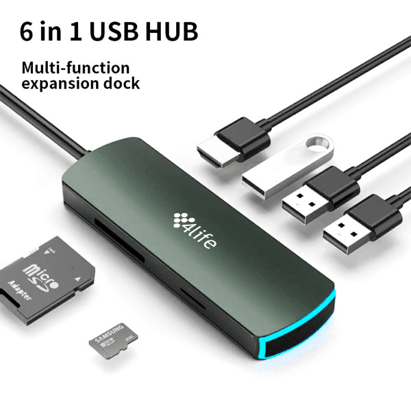 Hub Adaptador Multiporta 4Life FLM6AIR 6 Em 1 USB-C 3X USB-C 3.0 HDMI Sd Tf Verde Escuro