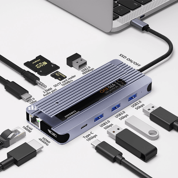 Hub Adaptador Multiporta 4Life USB-C Multiport Super Hub 12 Em 1 + SSD Case FL121SSDPRO 100W / USB-C 3.0 Pd / USB 2.0 / USB 3.0 X3 / HDMI / USB-C / Sd Card / Tf Card / Rj45 / 3.5Mm Jack - Cinza