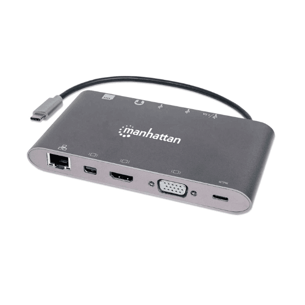 Hub Adaptador Multiporta Manhattan 152808 USB-C 3.2 7 Em 1 HDMI Mini DisplayPort Vga Rj45 Sd Micro Sd USB-C Jack 3.5Mm Cinza