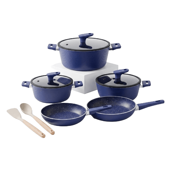Jogo de Panelas Antiaderentes e Utensílios Hotchef Mtl142606 De Silicone Com Cabo De Madeira Com 10 Peças Azul