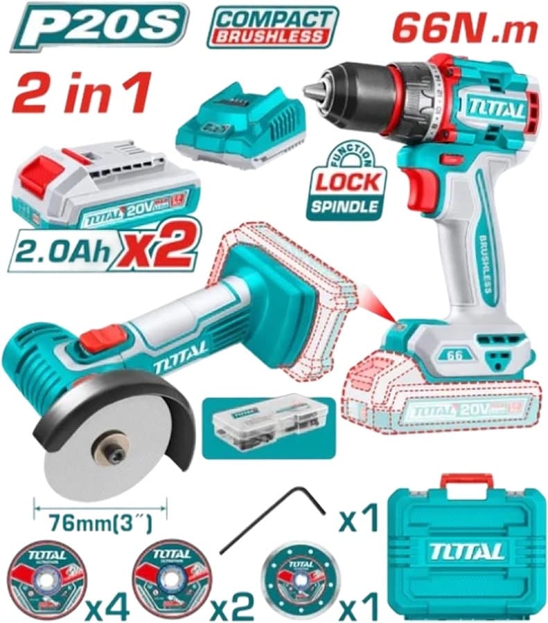 Kit de Ferramentas Sem Fio Total Tckli20766 20V (2 Baterias) 220V-50/60Hz