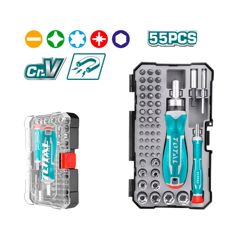Kit de Pontas e Soquetes de Impacto com Chave de Fenda Total 55 Peças