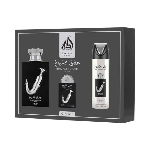 Kit Lattafa Pride Ishq Al Shuyukh Silver Eau de Parfum 100ml + Desodorante 200ml + 20ml